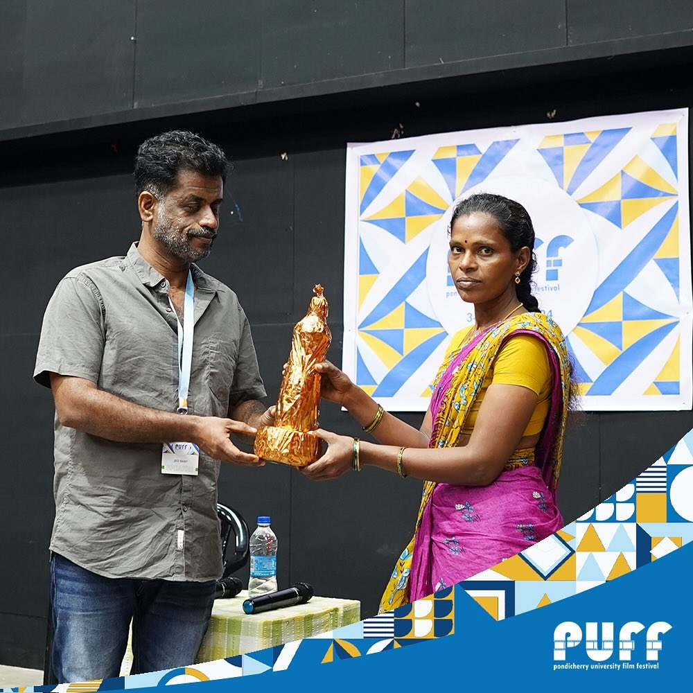 Interactive session with Director Jeo Baby started by honouring the housekeeping staff of the Department of Electronic Media and Mass Communication.#pufilmfest (1)