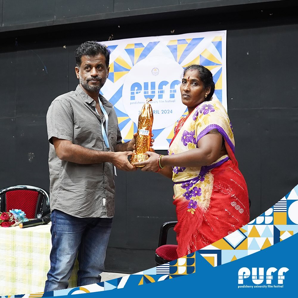 Interactive session with Director Jeo Baby started by honouring the housekeeping staff of the Department of Electronic Media and Mass Communication.#pufilmfest